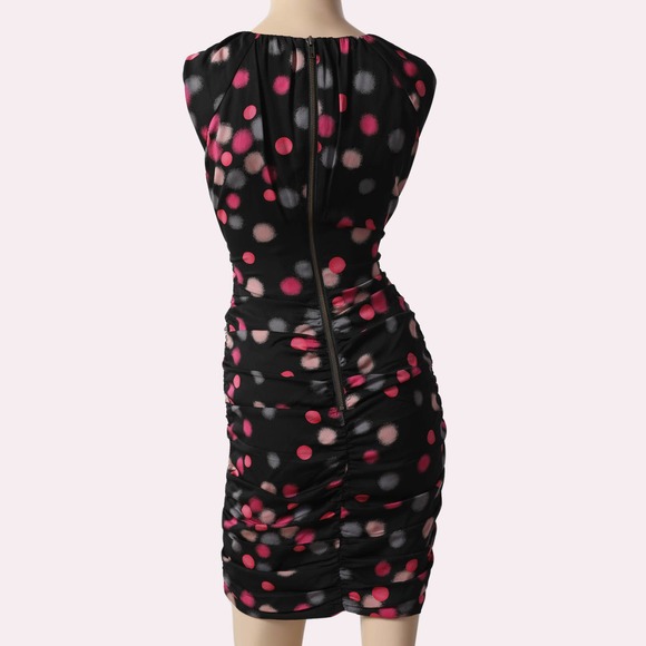 DIANE VON FURSTENBERG Black with Pink Polka Dot Sleeveless Silk Mini Dress - Picture 4 of 6